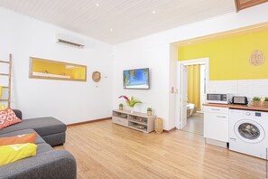 A modern living room with a grey sofa, a wooden floor, a white wall with a mirror, a painting, and a kitchen area with a washing machine. - Foyal Suites (Fort-de-France)