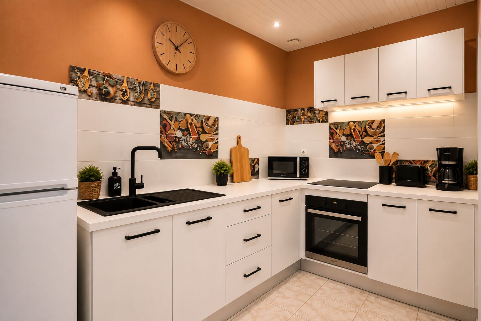 A modern kitchen with white cabinetry, a black sink, a microwave, a toaster, and a coffee maker.