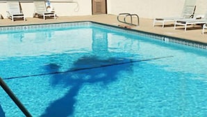 Ein rechteckiger Swimmingpool mit klarem, blauem Wasser, umgeben von weißen Liegestühlen und einer Betonplattform.