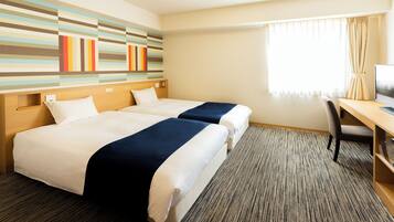 Desk, laptop workspace, blackout drapes, soundproofing