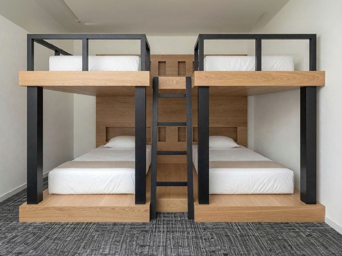 Een stapelbed met een ladder in het midden, een houten hoofdbord en een vloerbedekking.