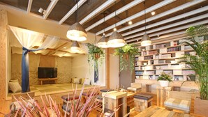 A cozy, rustic room with wooden furniture, hanging plants, and a bookshelf filled with books. - Guesthouse Chura Cucule Ishigakijima – Hostel (Ishigaki)
