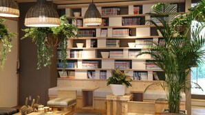A cozy library with bookshelves, hanging plants, and wooden seating areas. - Guesthouse Chura Cucule Ishigakijima – Hostel (Ishigaki)