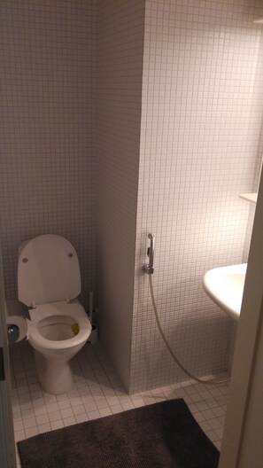 A small bathroom with a toilet, a shower, and a sink. - Kotimaailma Apartments Naantali (Naantali)