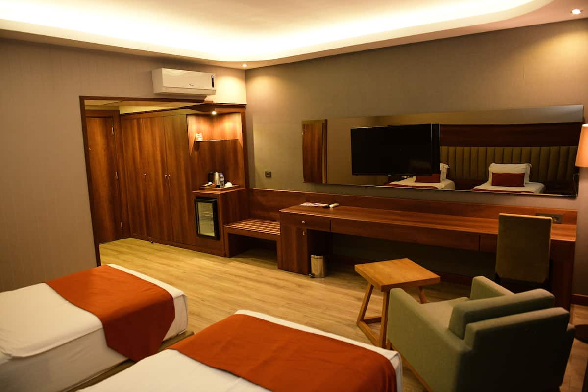 Une chambre d’hôtel avec deux lits, un bureau, une chaise, une télévision et un miroir.