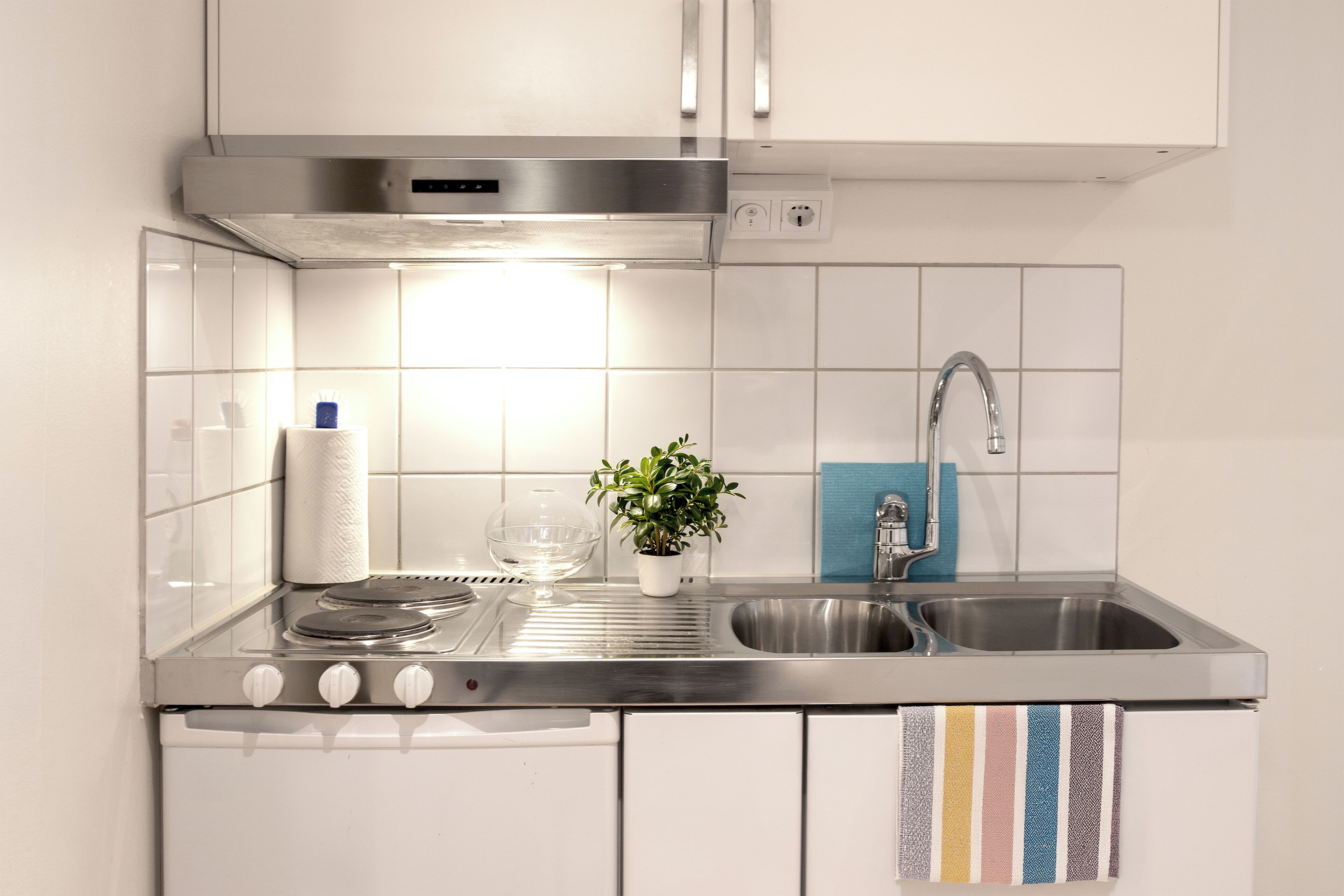 Une cuisine moderne avec un évier en acier inoxydable, une hotte aspirante et une plante en pot.
