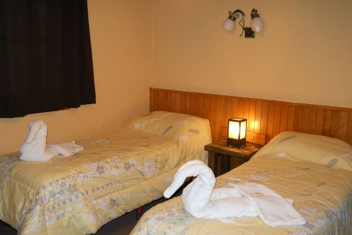Habitación de hotel con dos camas, cada una con una toalla en forma de cisne y una colcha estampada con motivos florales. Entre las camas, se encuentra una mesita de noche con una lámpara.