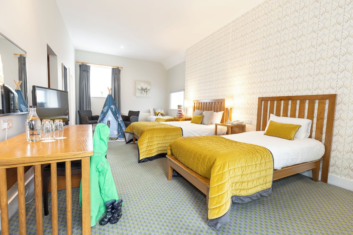 Une chambre d’hôtel avec deux lits, un bureau, une télévision et une fenêtre avec des rideaux.