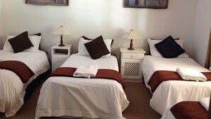 A hotel room with three single beds, each with a brown throw blanket and white linens. There are two bedside tables with lamps and a small drawer. The walls are white, and there are two paintings of birds above the beds. - Swaynekloof Farm (Bot River)
