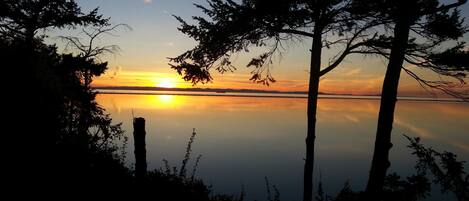 A serene sunset over a calm lake with silhouettes of trees framing the view.