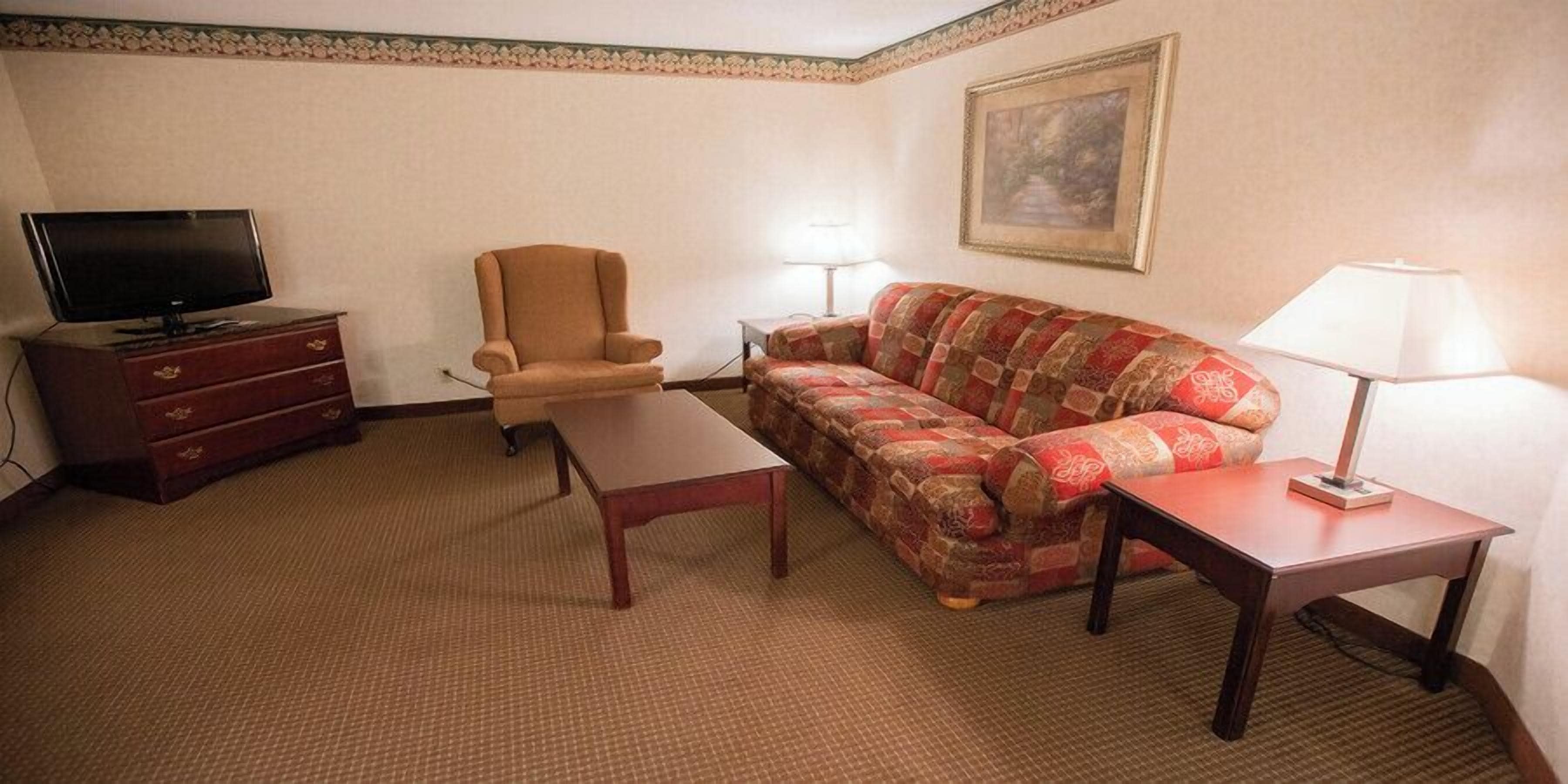 Habitación de hotel con televisión, sofá, sillón, mesa de centro y dos lámparas.