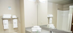 Separate bathtub and shower, free toiletries, hair dryer, towels