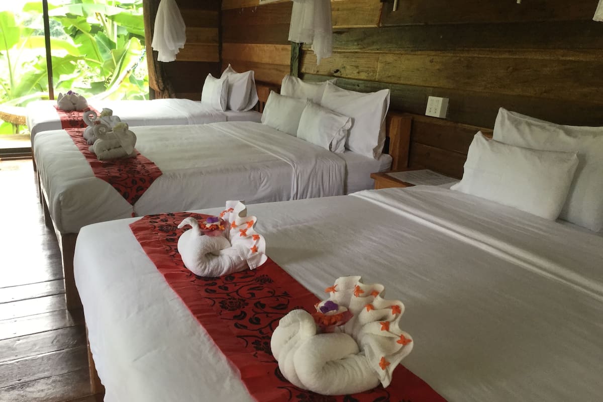 Habitación de hotel con dos camas, cada una con ropa de cama blanca y toallas decorativas con forma de cisne.