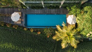 An aerial view of a swimming pool with surrounding greenery and a wooden deck. - Byasa Ubud (Ubud)