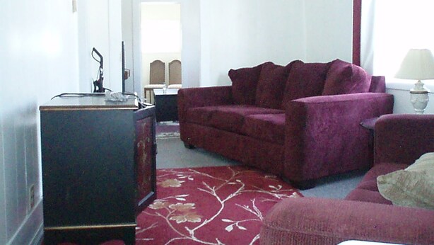 A living room with a dark wooden cabinet, a red sofa, and a patterned rug. - Canora Cozy Cottage (Canora)