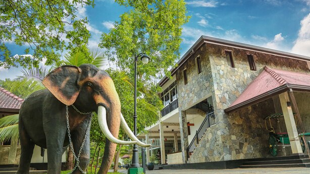 Una estatua de elefante en un patio con un edificio de piedra y un corredor cubierto.