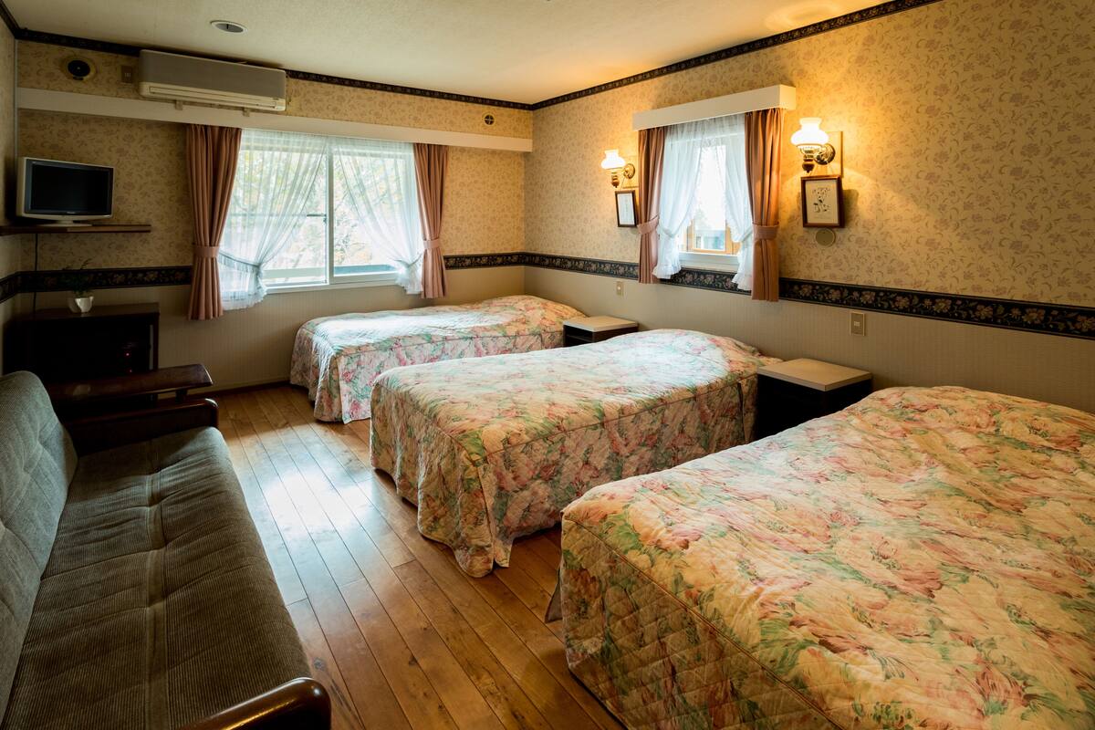 Une chambre d’hôtel avec deux lits, un canap é, une télévision et un appareil de climatisation.