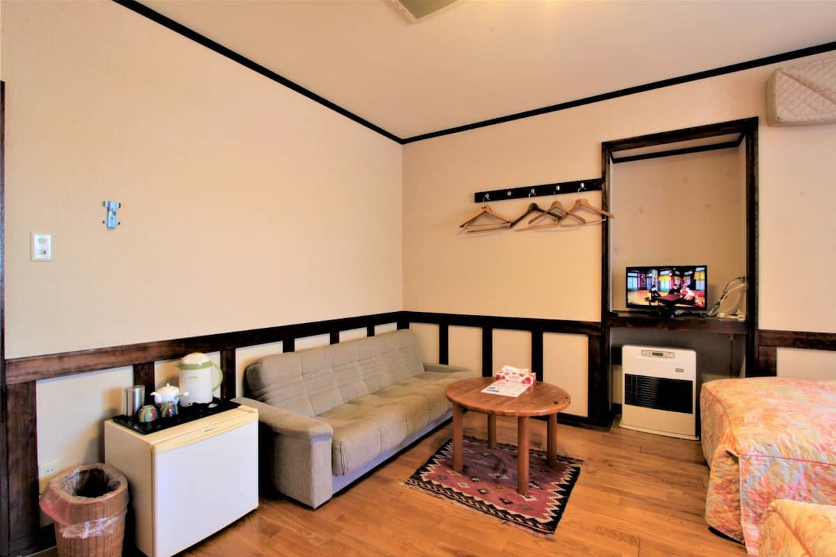 Une pièce de taille modeste comprenant un canapé, une petite table, un téléviseur et un radiateur.