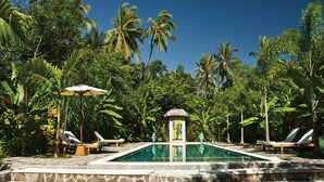 Un área de piscina con sillones de descanso y sombrillas, rodeada de palmeras.