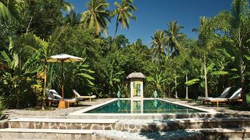 Outdoor pool, pool umbrellas, pool loungers