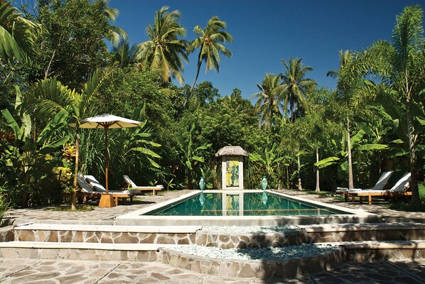 Un área de piscina con sillones de descanso y sombrillas, rodeada de palmeras.