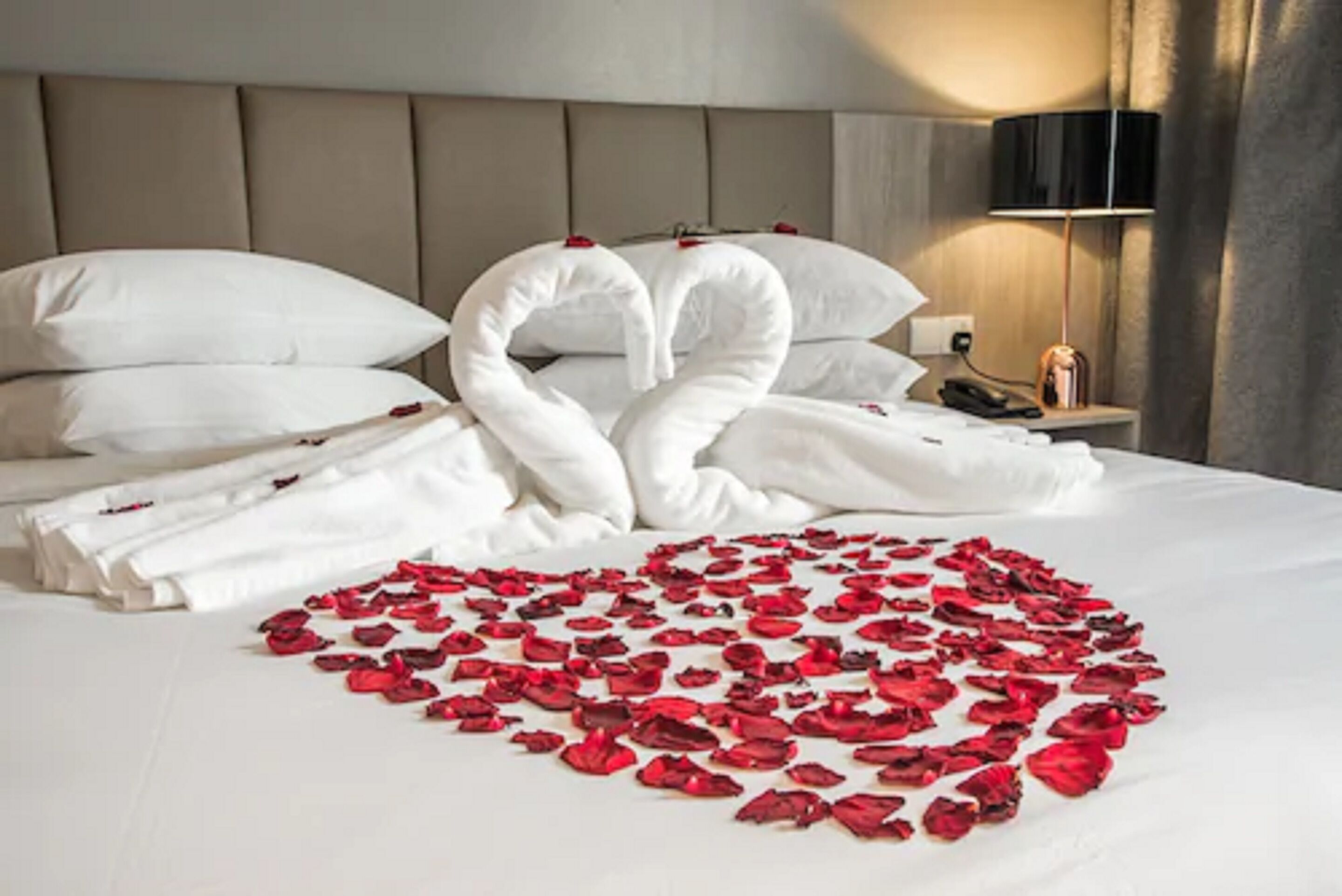 A hotel room with a bed, pillows, a bedside table with a lamp, and a wall-mounted TV.