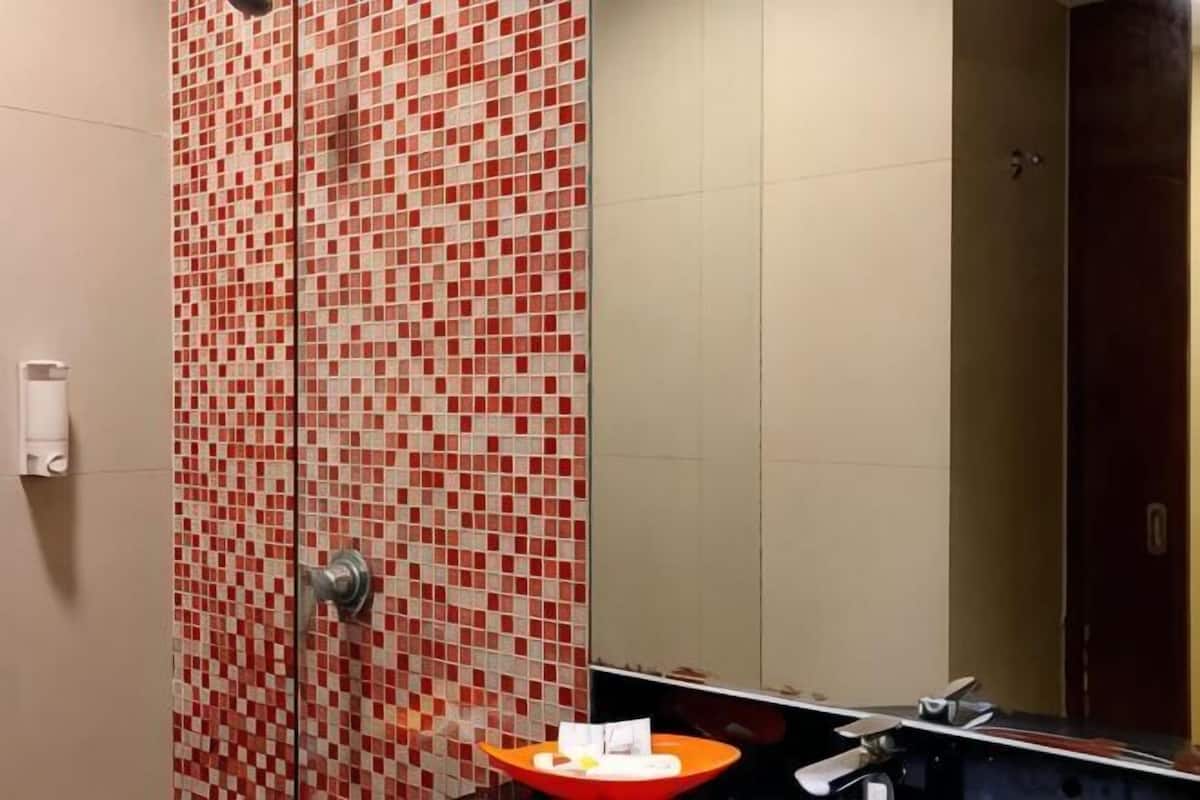 Douche, articles de toilette gratuits, chaussons, serviettes fournies