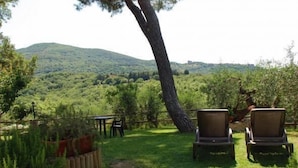 A grassy outdoor area with two wicker chairs and a table, overlooking a lush green landscape with hills. - La Mulattiera (Scarlino)