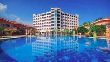 Outdoor pool, pool umbrellas, pool loungers