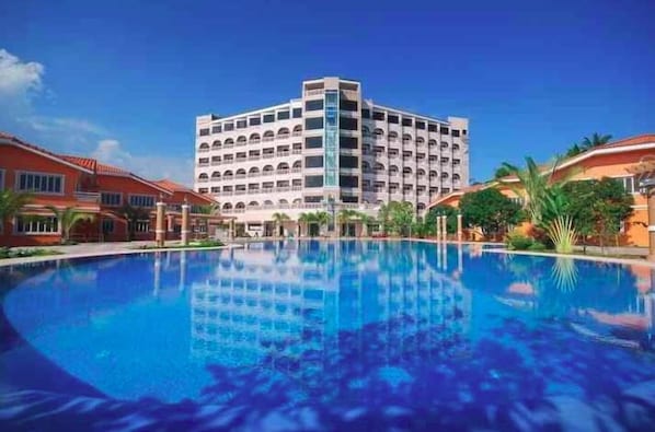 Outdoor pool, pool umbrellas, pool loungers