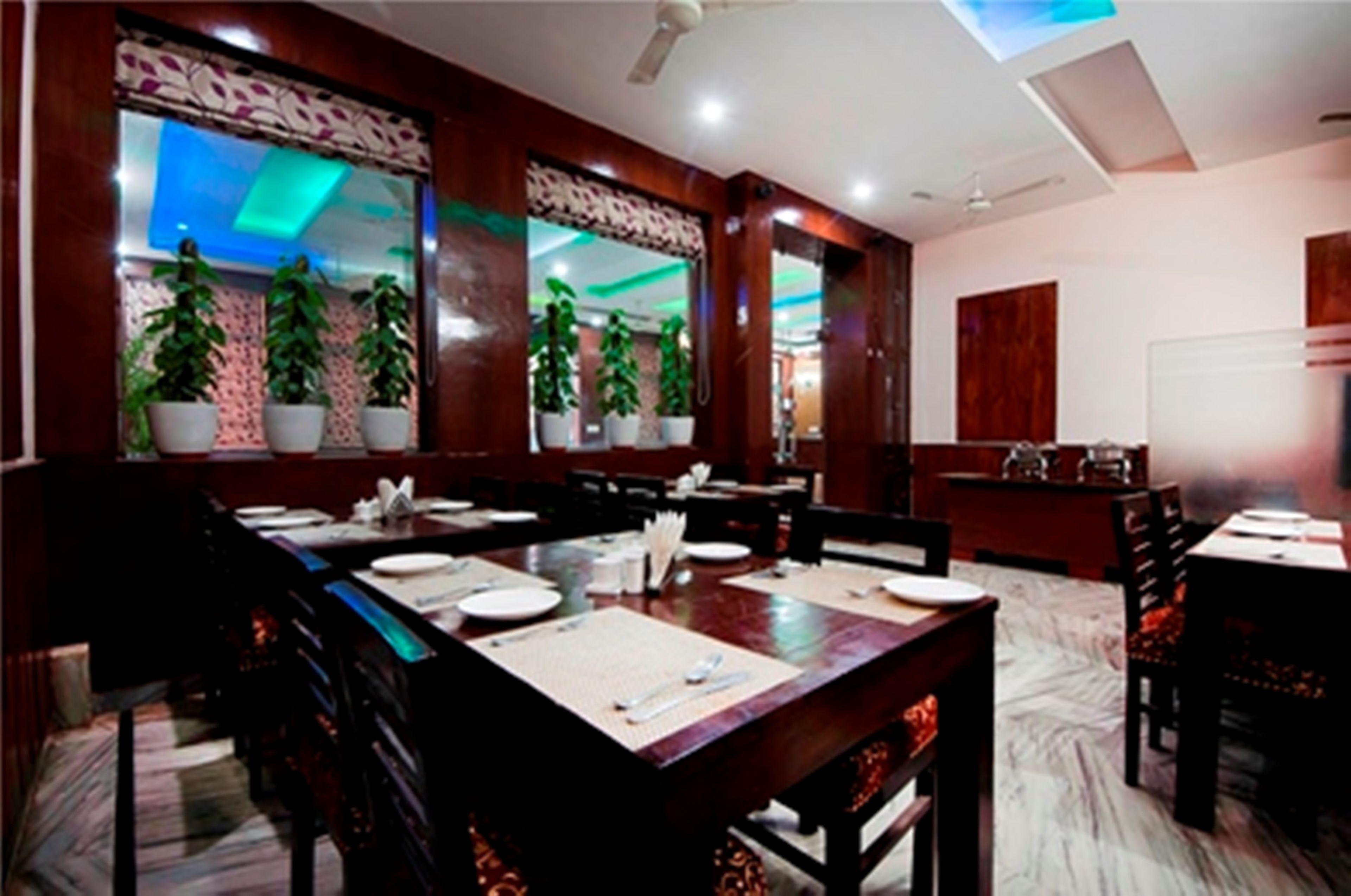 A restaurant with wooden tables and chairs, potted plants, and a modern ceiling design.