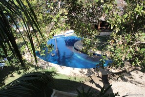 A swimming pool surrounded by dense foliage, with a boat docked at one end.