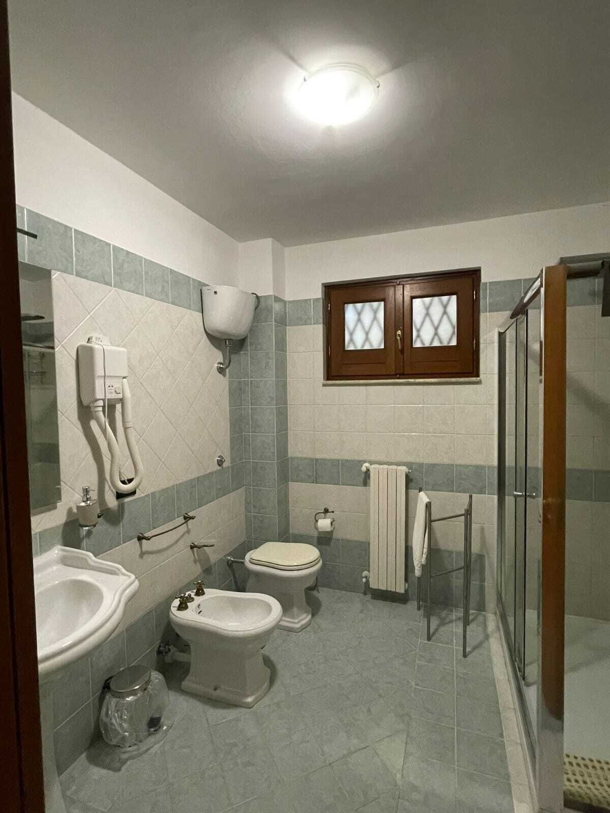 A bathroom with two toilets, a sink, a shower, and a cabinet with a window.