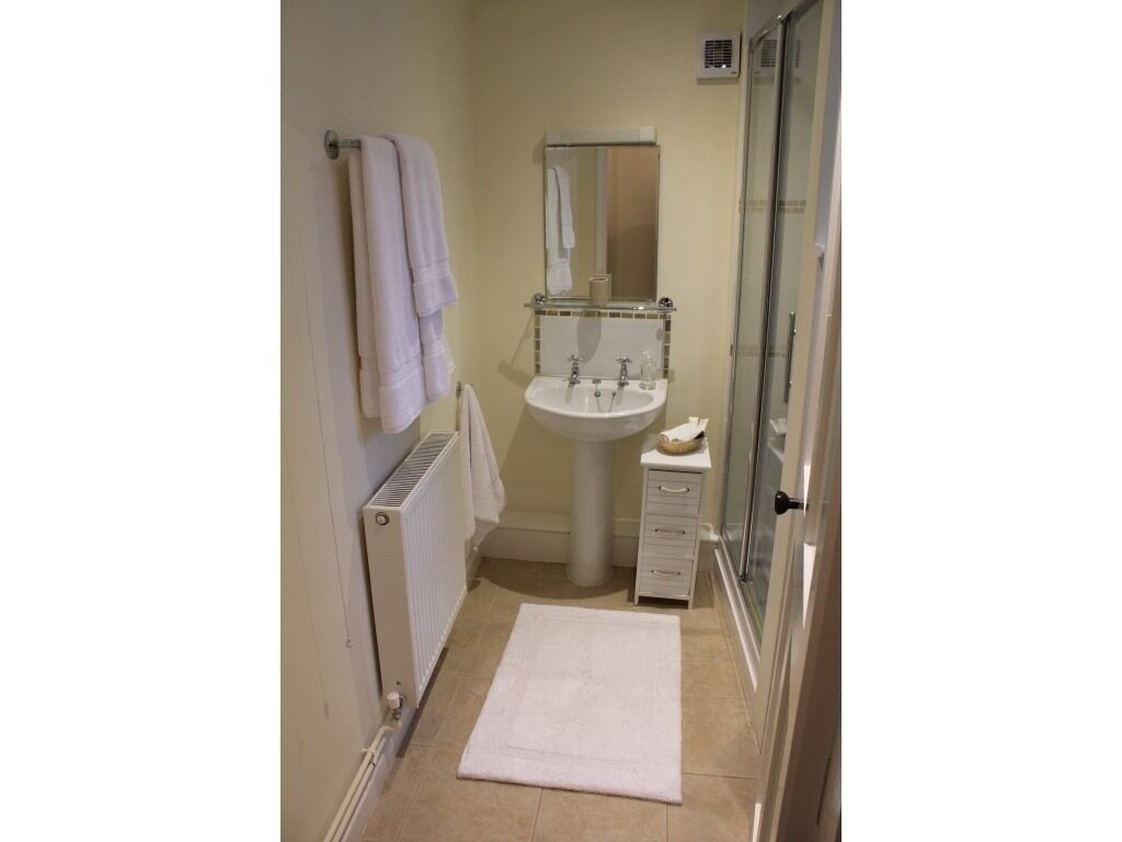 A small bathroom with a white sink, a mirror, a towel rack, a small drawer unit, and a glass shower enclosure.
