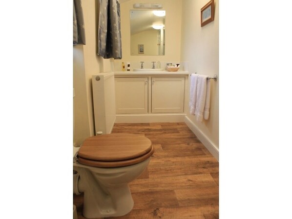 A bathroom with a toilet, wooden floor, white cabinets, a sink, and a mirror.
