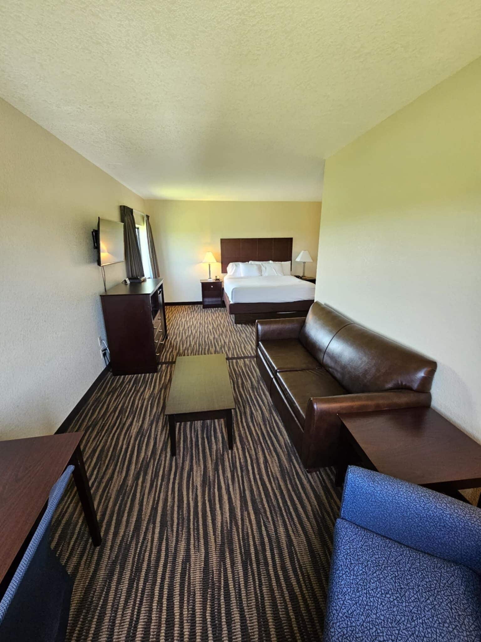A hotel room with a bed, a sofa, a desk, a TV, and a lamp.