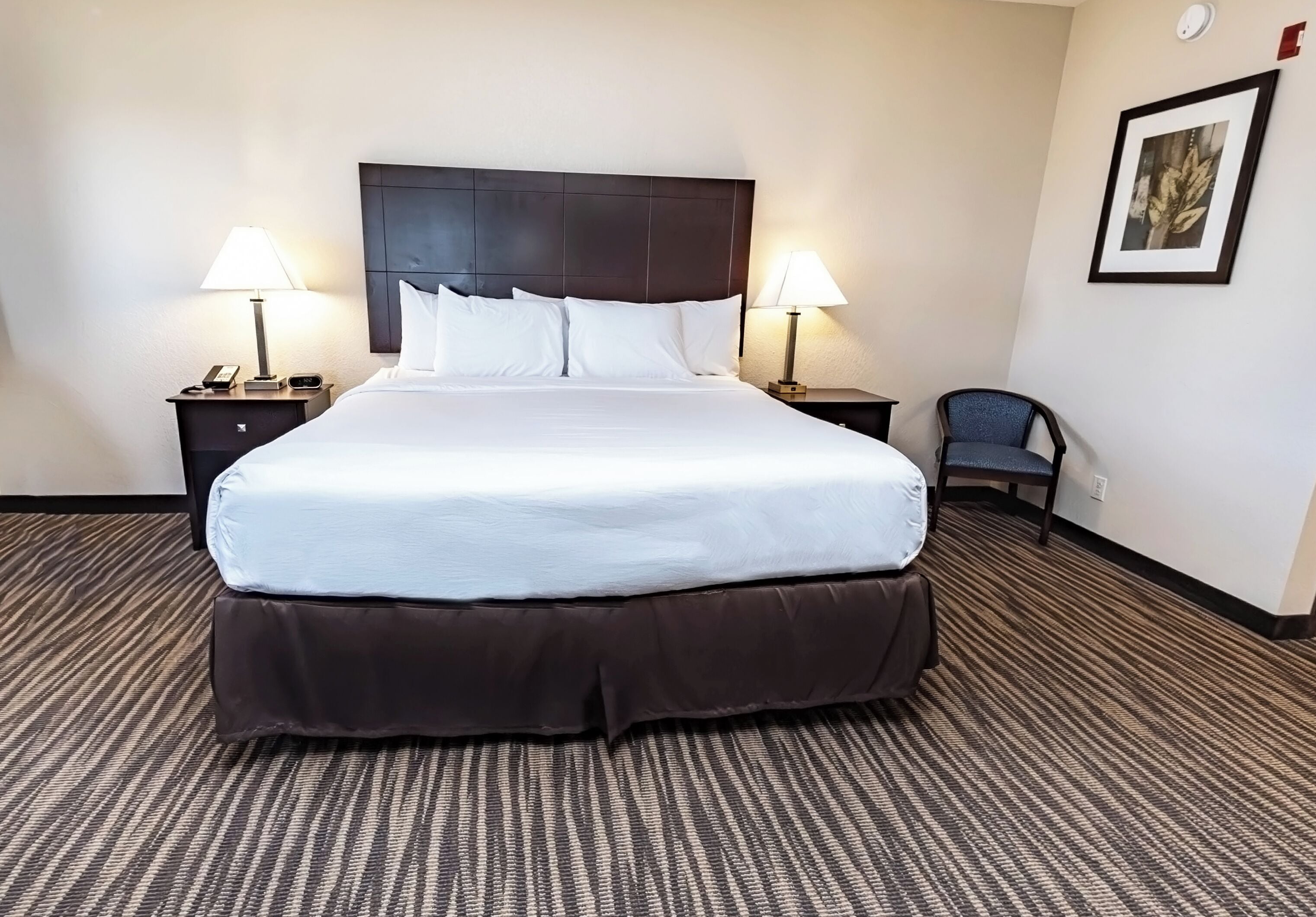 A hotel room with a large bed, two bedside tables with lamps, a chair, and a framed picture on the wall.