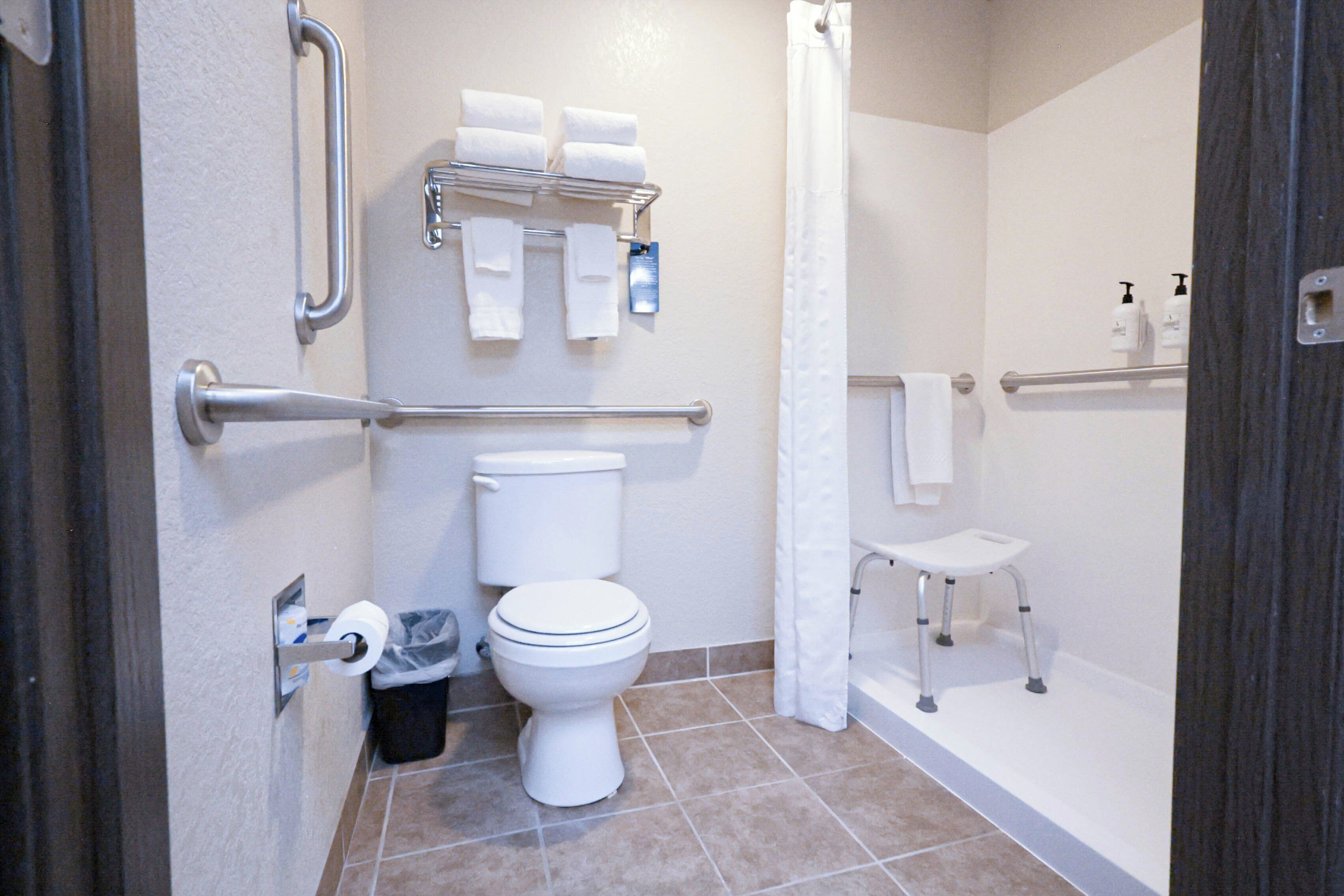 A bathroom with a toilet, handrails, a towel rack, a trash bin, and a shower area.