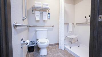 A bathroom with a toilet, handrails, a towel rack, a trash bin, and a shower area.