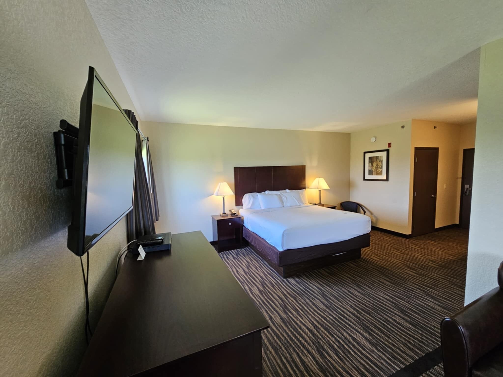 Una habitación de hotel con una cama, mesitas de noche, un escritorio, televisor y suelo alfombrado.