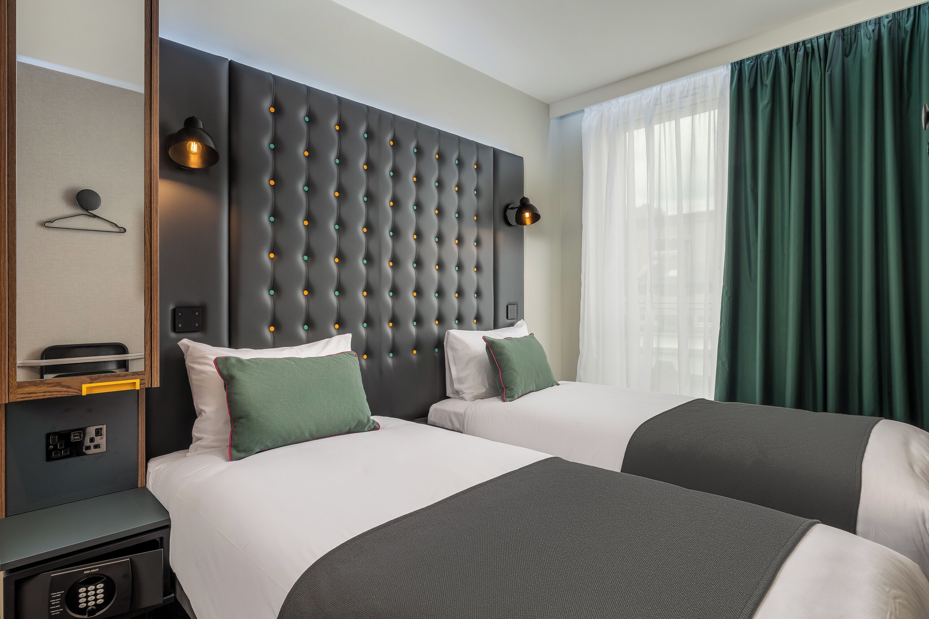 standard twin room (with window) | in-room safe, desk, laptop workspace, blackout curtains