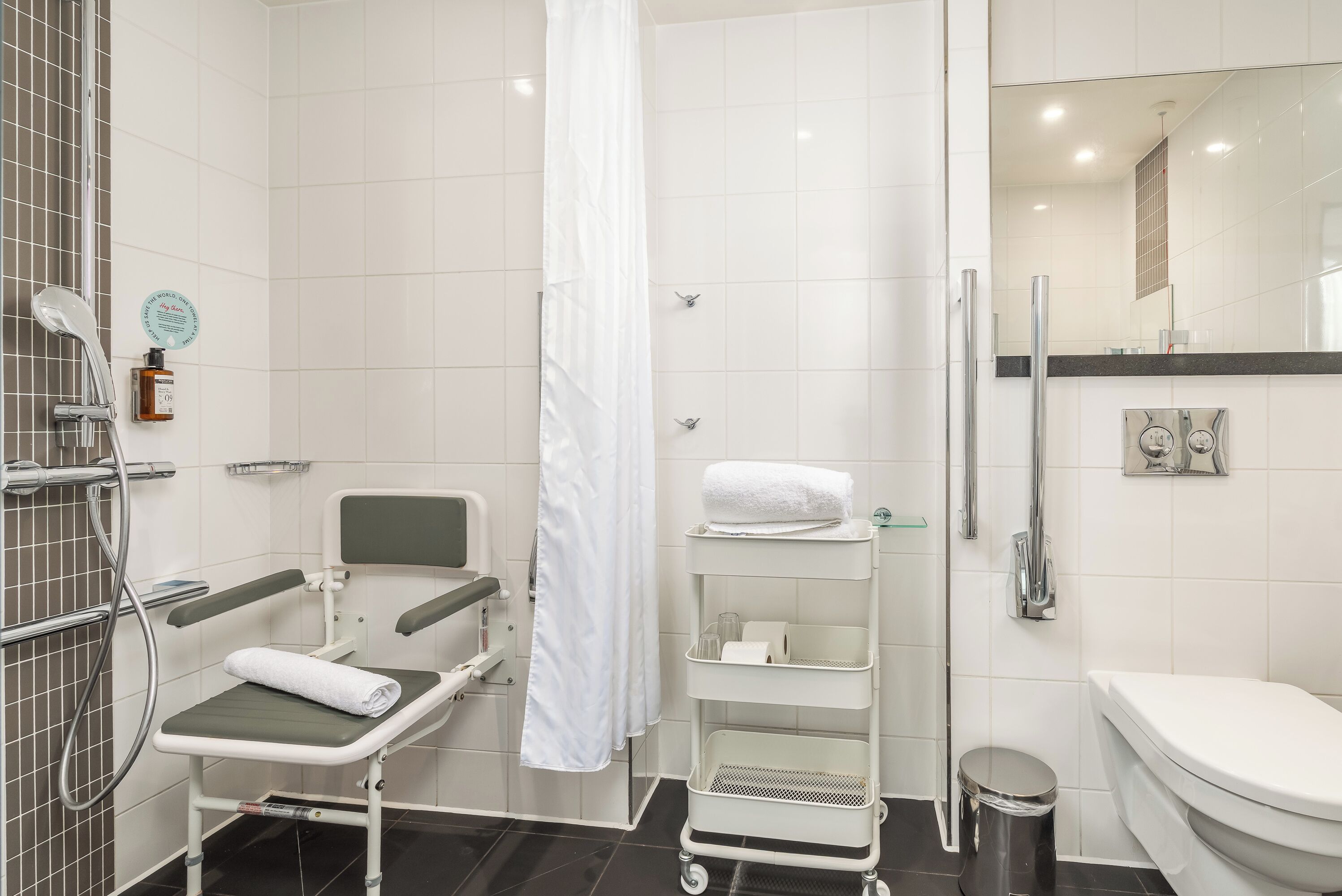 Shower, free toiletries, hair dryer, towels