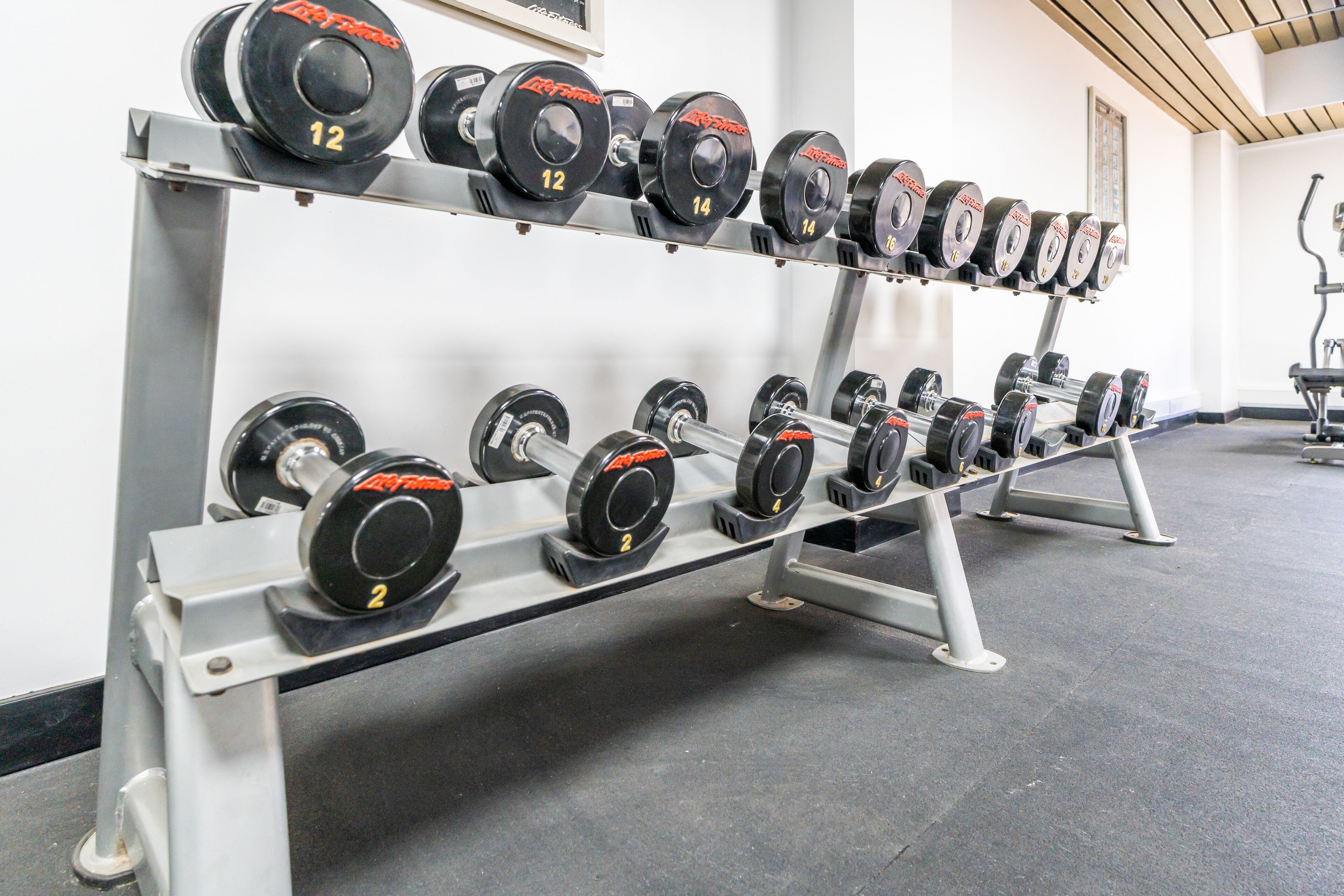A rack of weight plates in a gym.