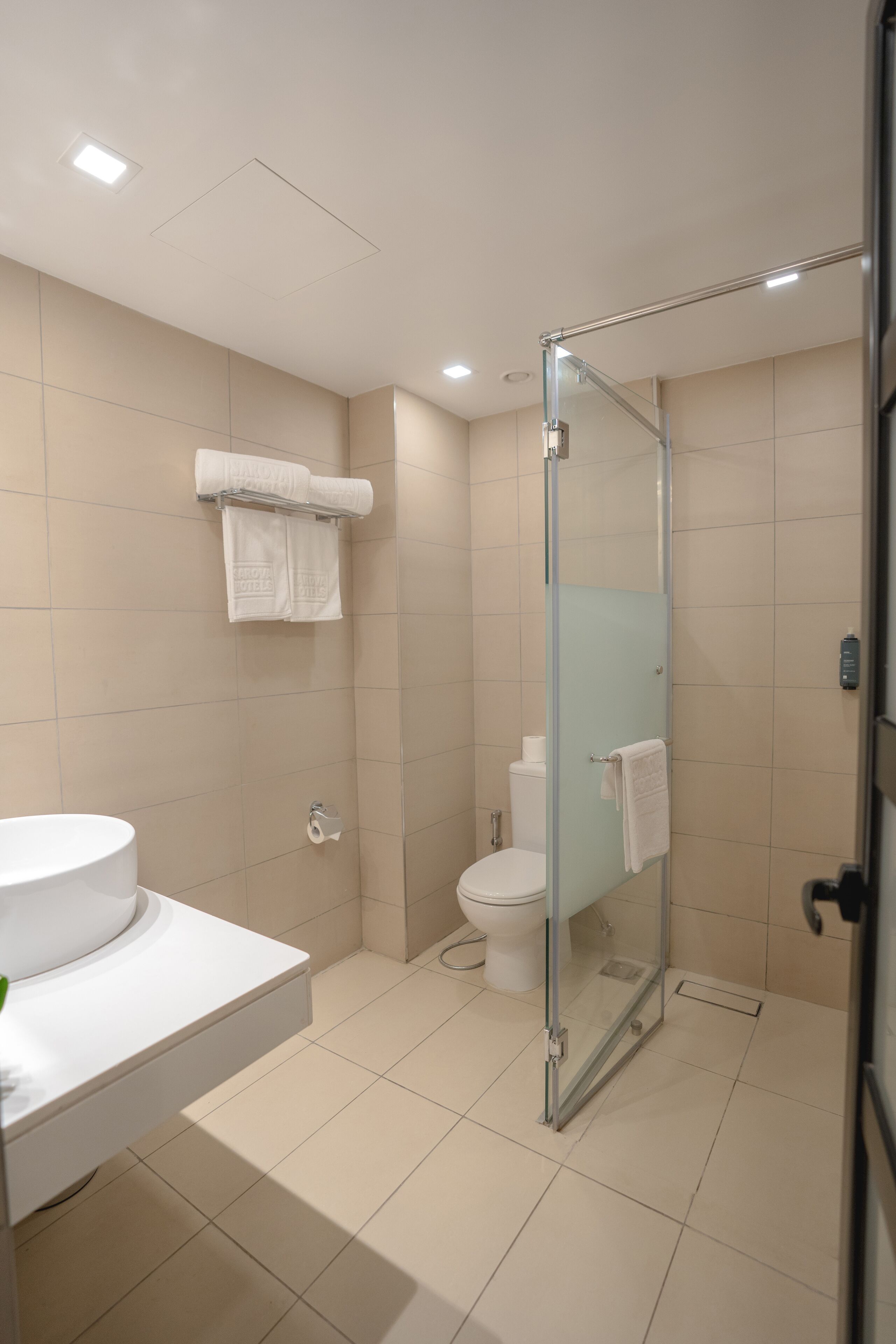 A modern bathroom with a glass-enclosed shower, a toilet, and a sink with a mirror.