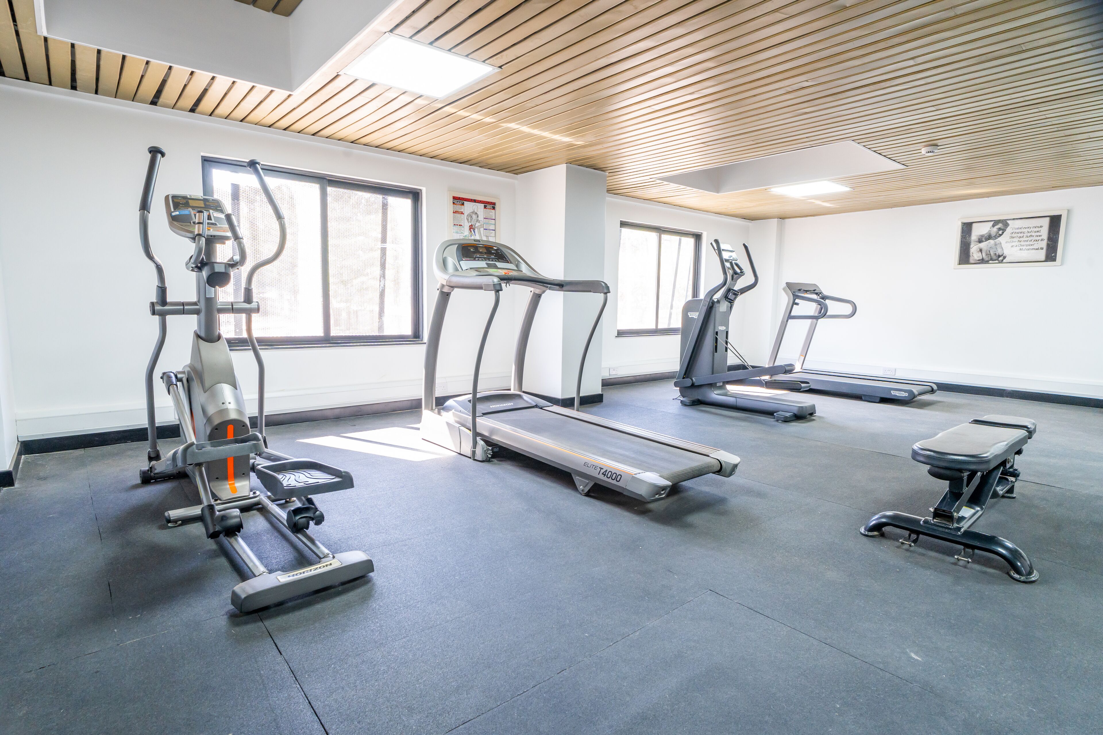 Un gimnasio con cintas de correr, elípticas y una banca.