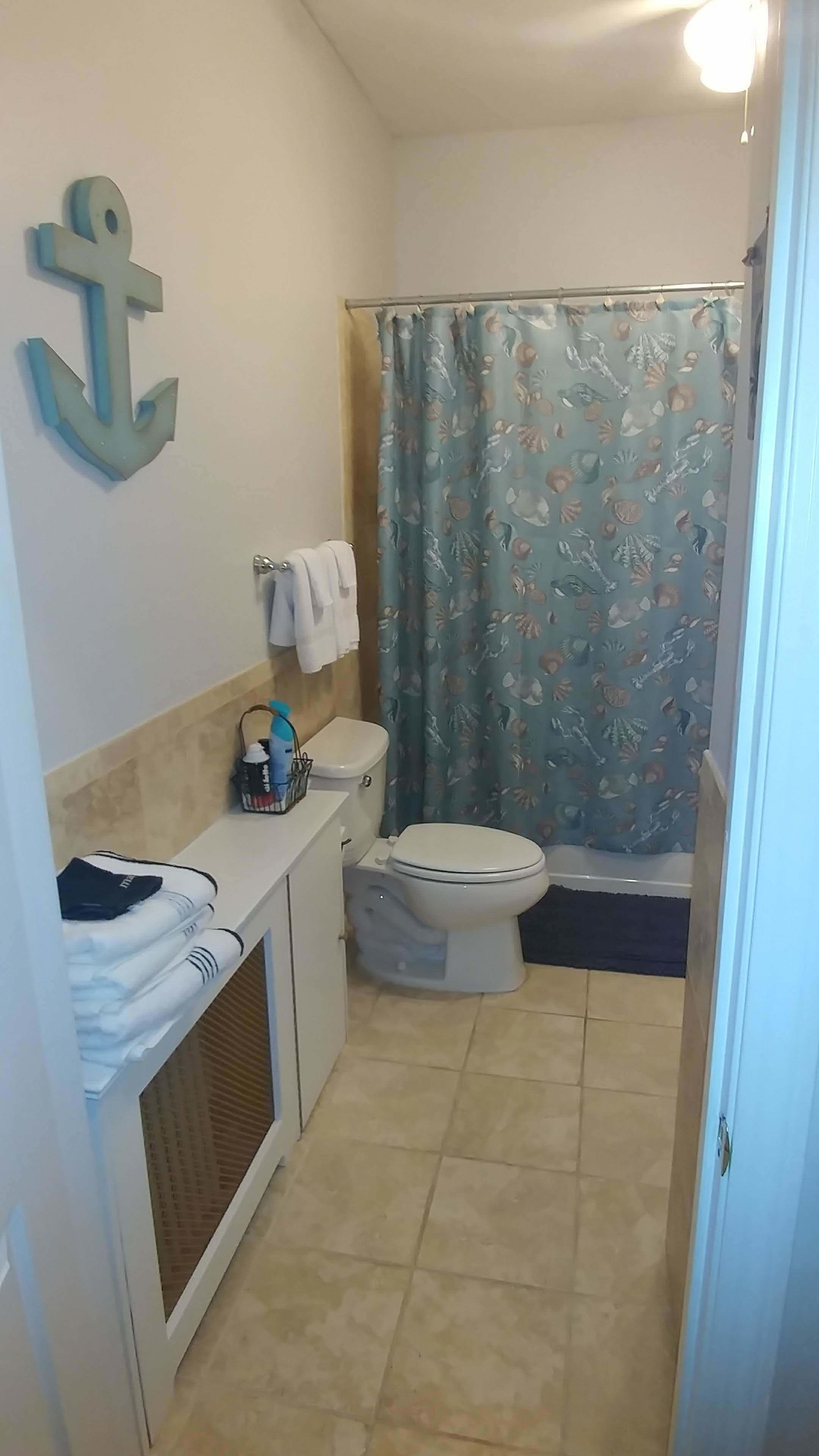A bathroom with a toilet, sink, and shower curtain.