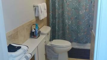 A bathroom with a toilet, sink, and shower curtain.