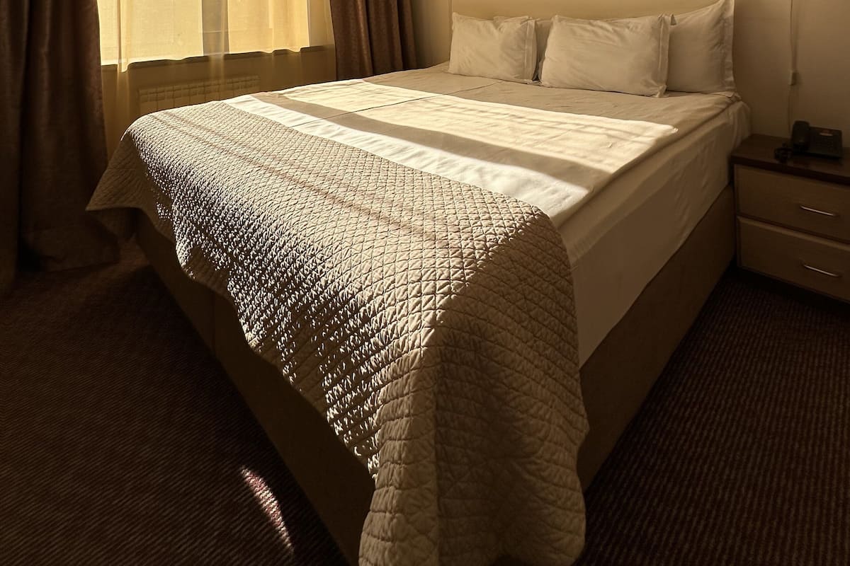 A hotel room with a large bed, a window with curtains, an air conditioning unit, a bedside lamp, and a framed picture on the wall.