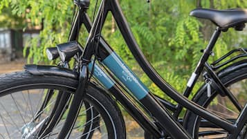 Een zwarte fiets met een label met merknaam, een zadel en een bagagedrager.