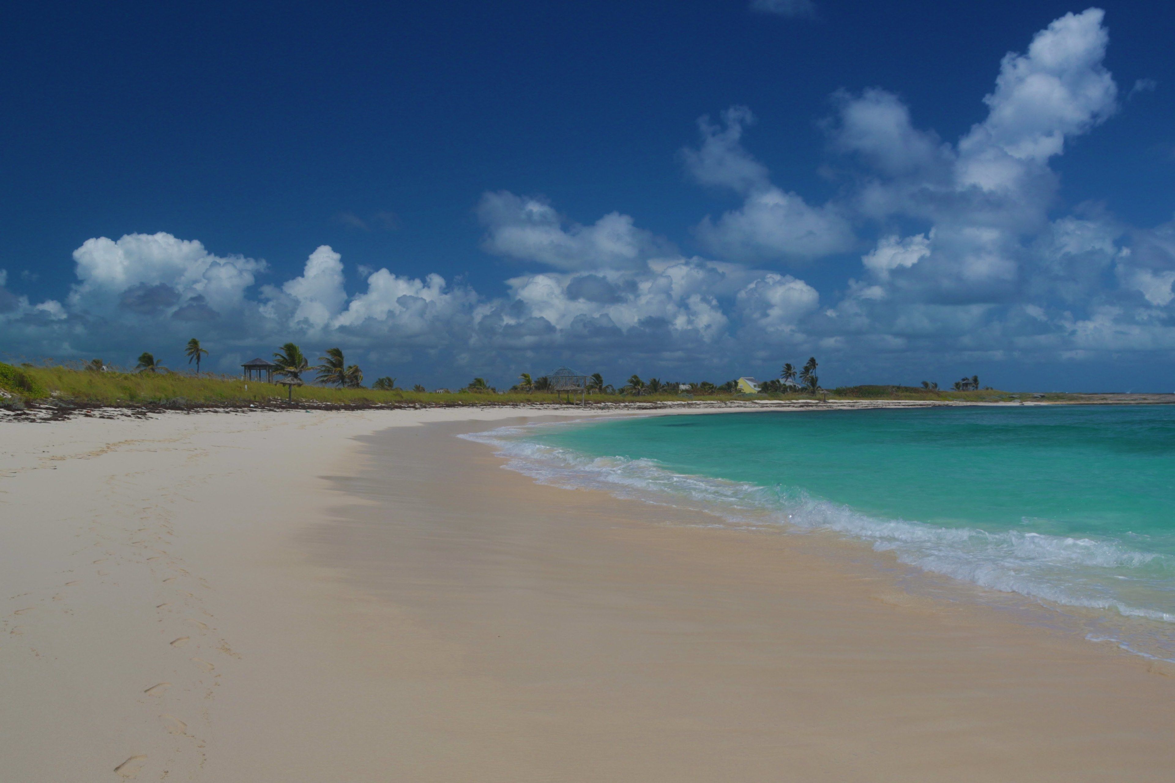 Une plage aux eaux turquoise et limpides, un rivage sablonneux et quelques palmiers disséminés sous un ciel bleu parsemé de nuages.